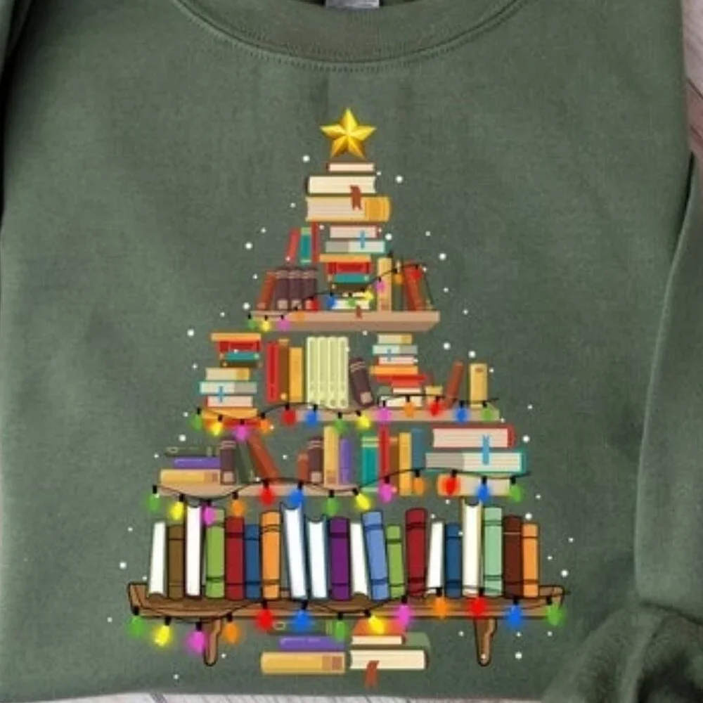Christmas Book Tree Readers Gift Sweatshirt Bookworm Teacher Holiday Pullover 05 - Picture 2 of 5